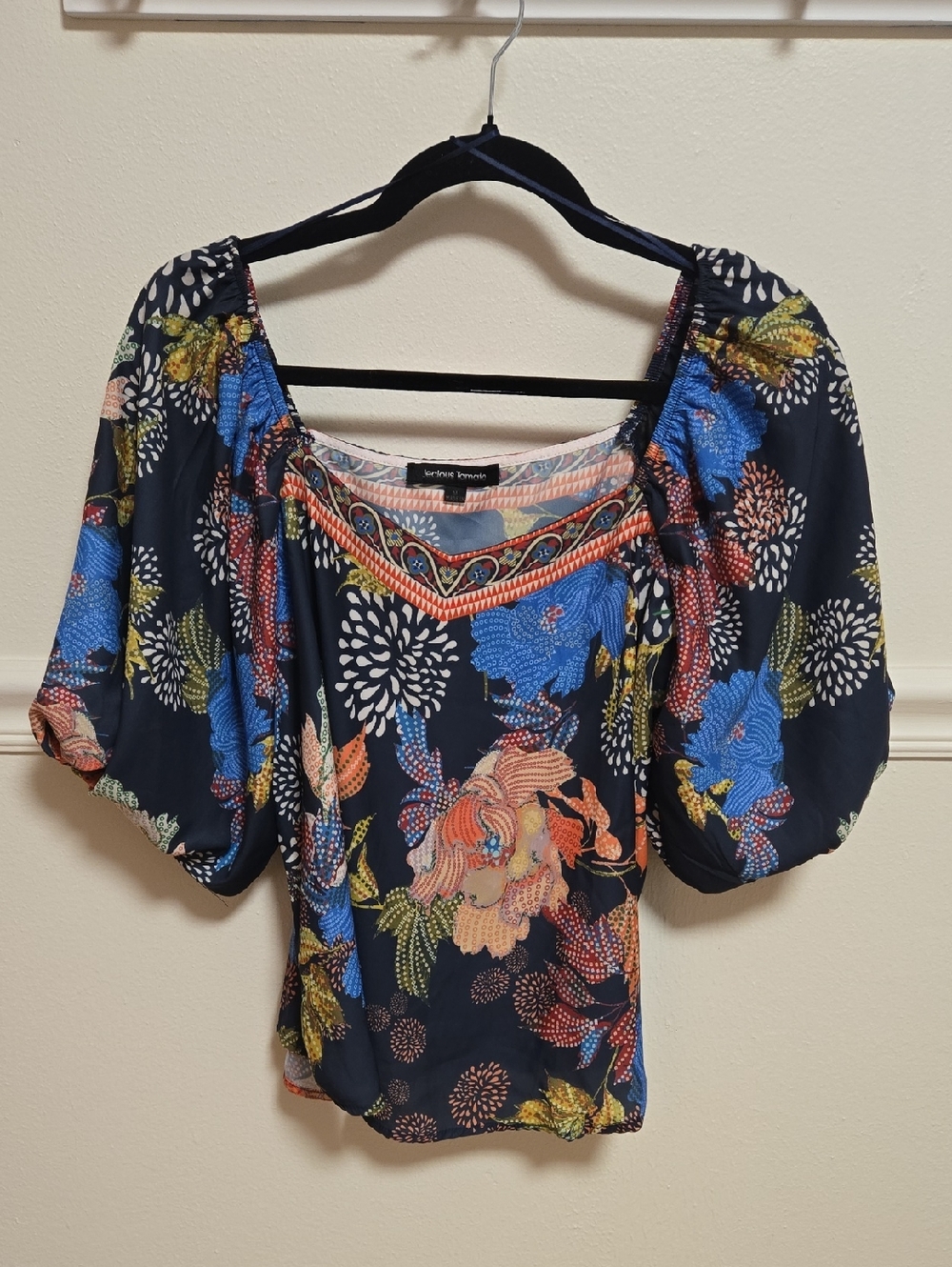 Jealous Tomato Navy Floral Square-Neck Puff Sleeve Blouse